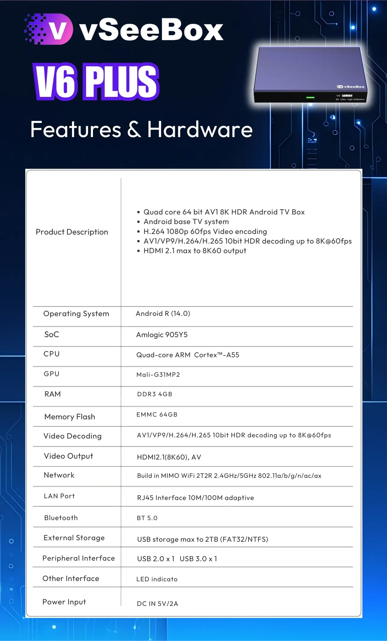vSeeBox V6 Plus features and hardware specifications including Android 14, 4GB RAM, 64GB storage, and 8K HDR support