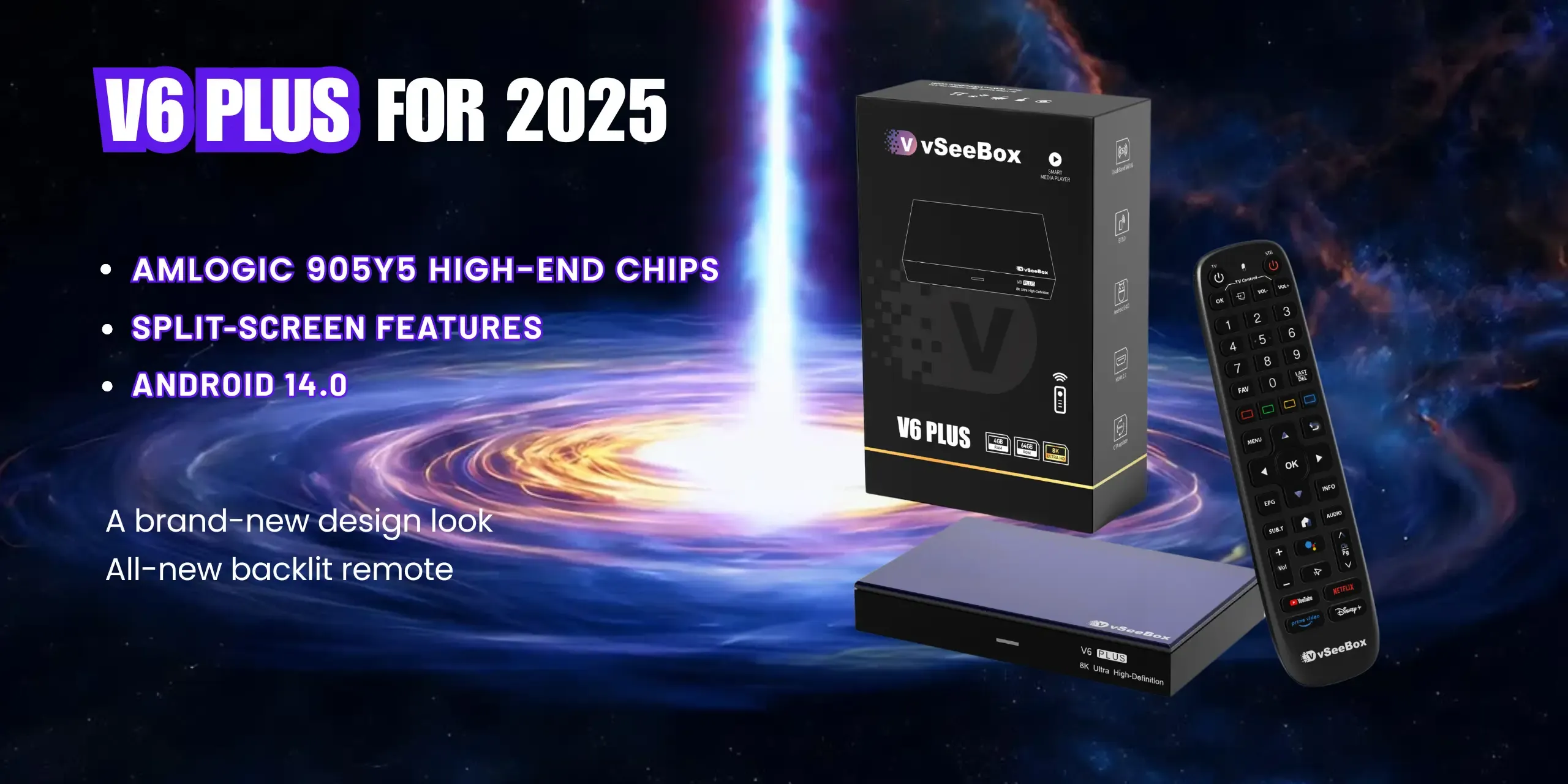vSeeBox V6 Plus 2025 streaming box with Android 14, Amlogic 905Y5 chip, and backlit remote