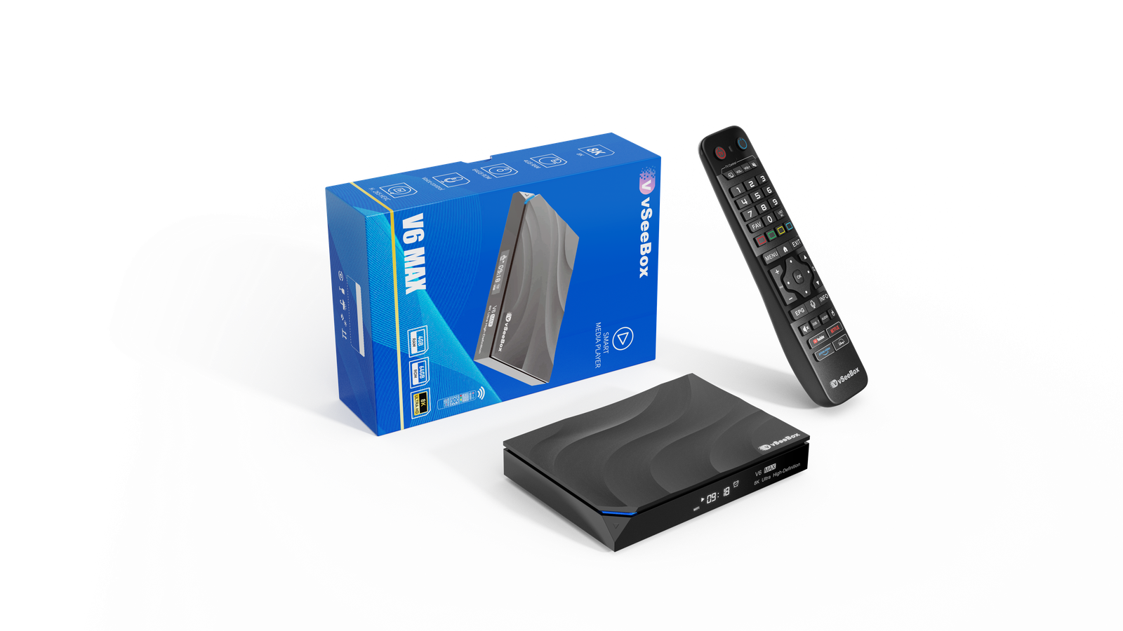 vSeeBox V6 Max streaming box with packaging and remote