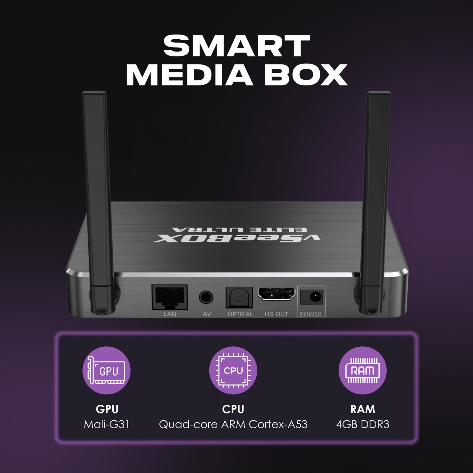 vSeeBox Elite Ultra smart media box with quad-core CPU, Mali-G31 GPU, and 4GB RAM
