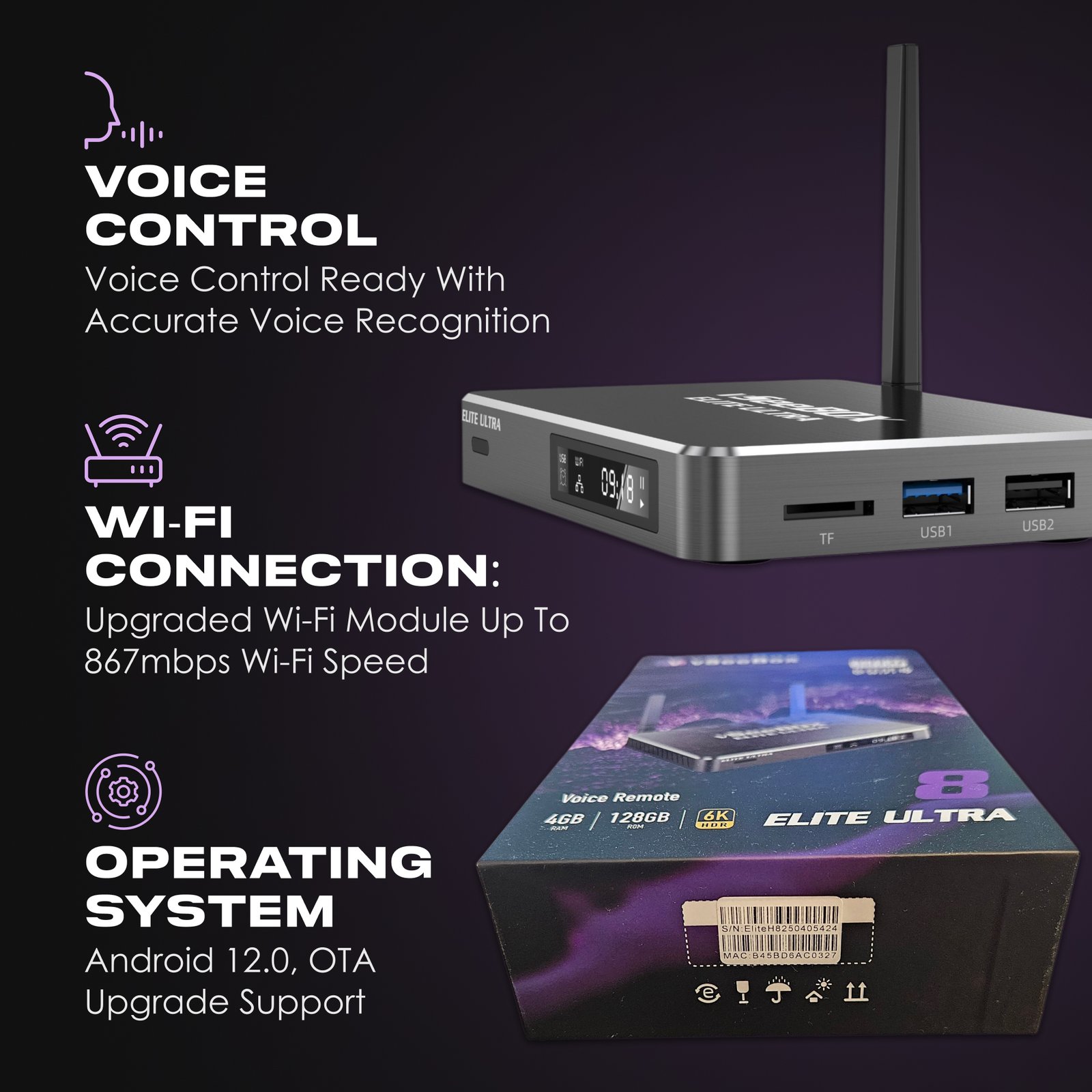 vSeeBox Elite Ultra features including voice control, WiFi speed, and Android 12 system