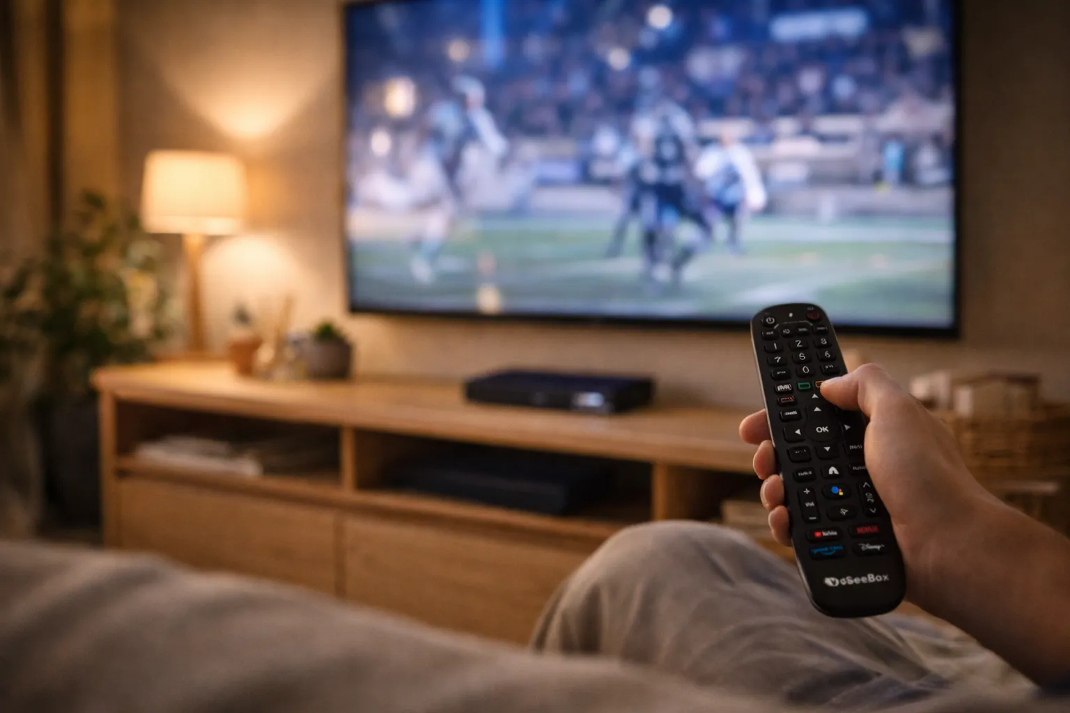 person using vSeeBox remote to watch TV in a cozy living room
