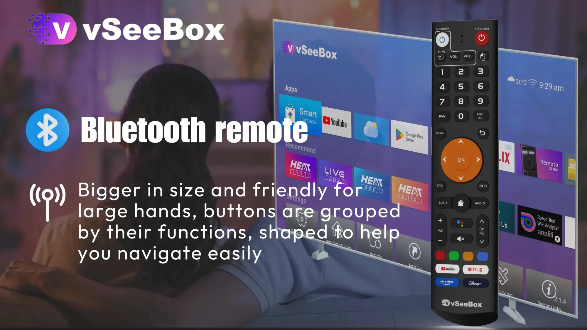 vSeeBox Bluetooth remote with large buttons and easy navigation design