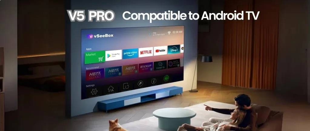 family watching TV with vSeeBox V5 Pro showing Android TV interface and streaming apps