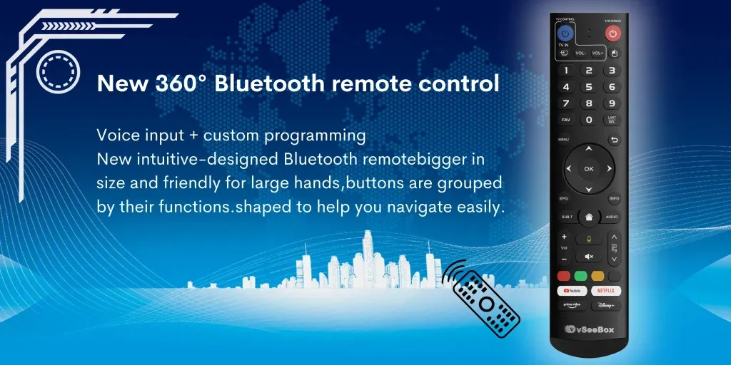 vSeeBox Bluetooth remote control with voice input and 360 degree functionality for easy navigation