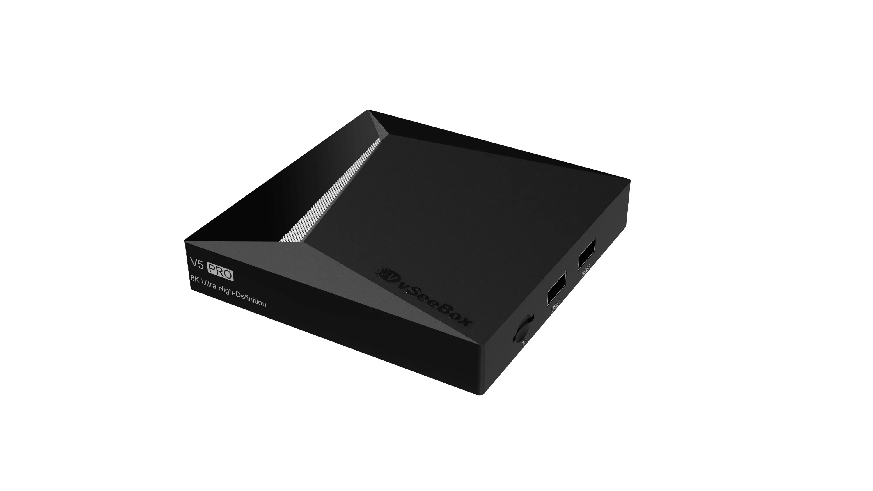 vSeeBox V5 Pro streaming device showing sleek black design with side ports and 8K support