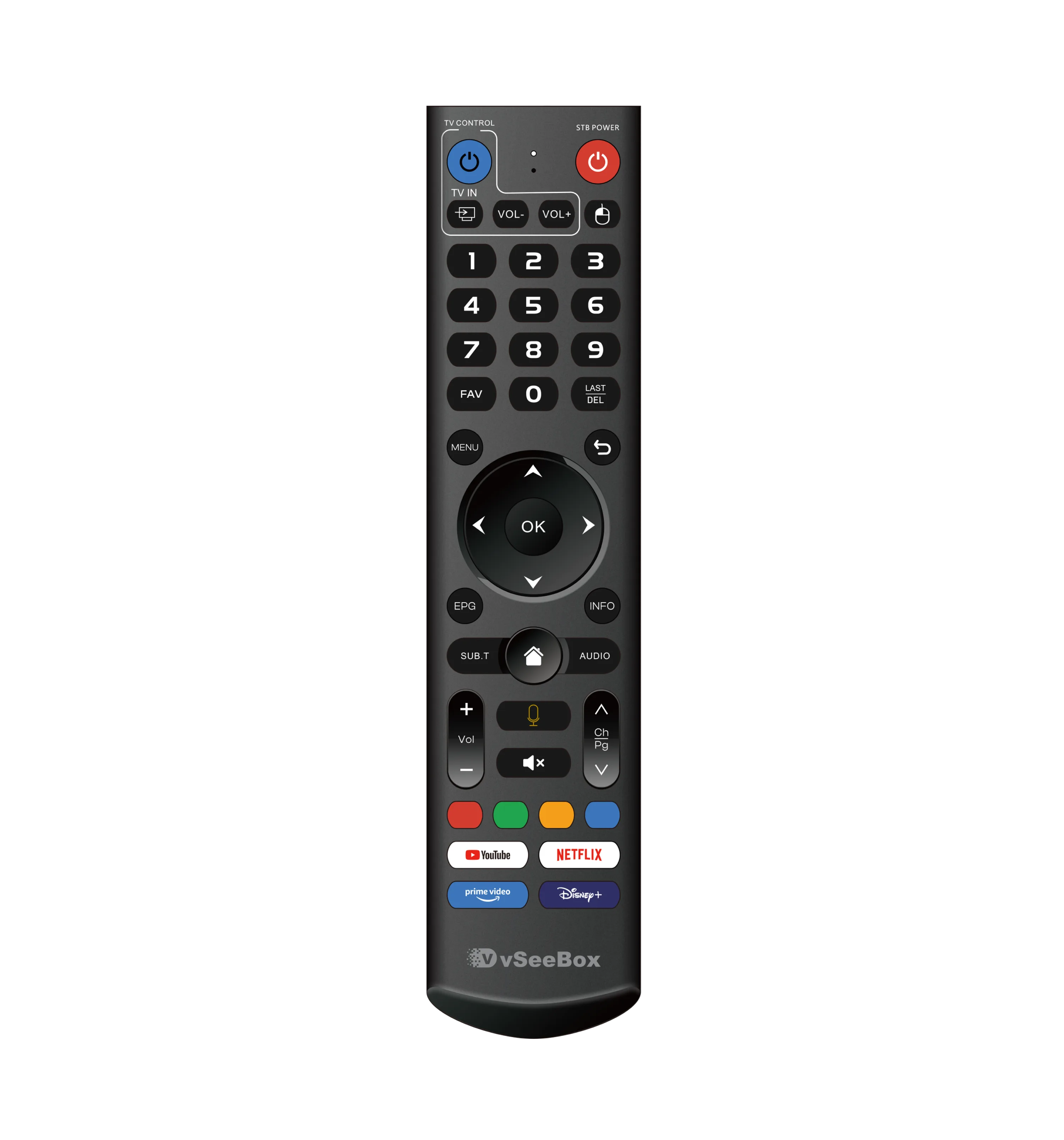 vSeeBox remote control with numeric keypad, navigation buttons, voice control, and streaming app shortcuts