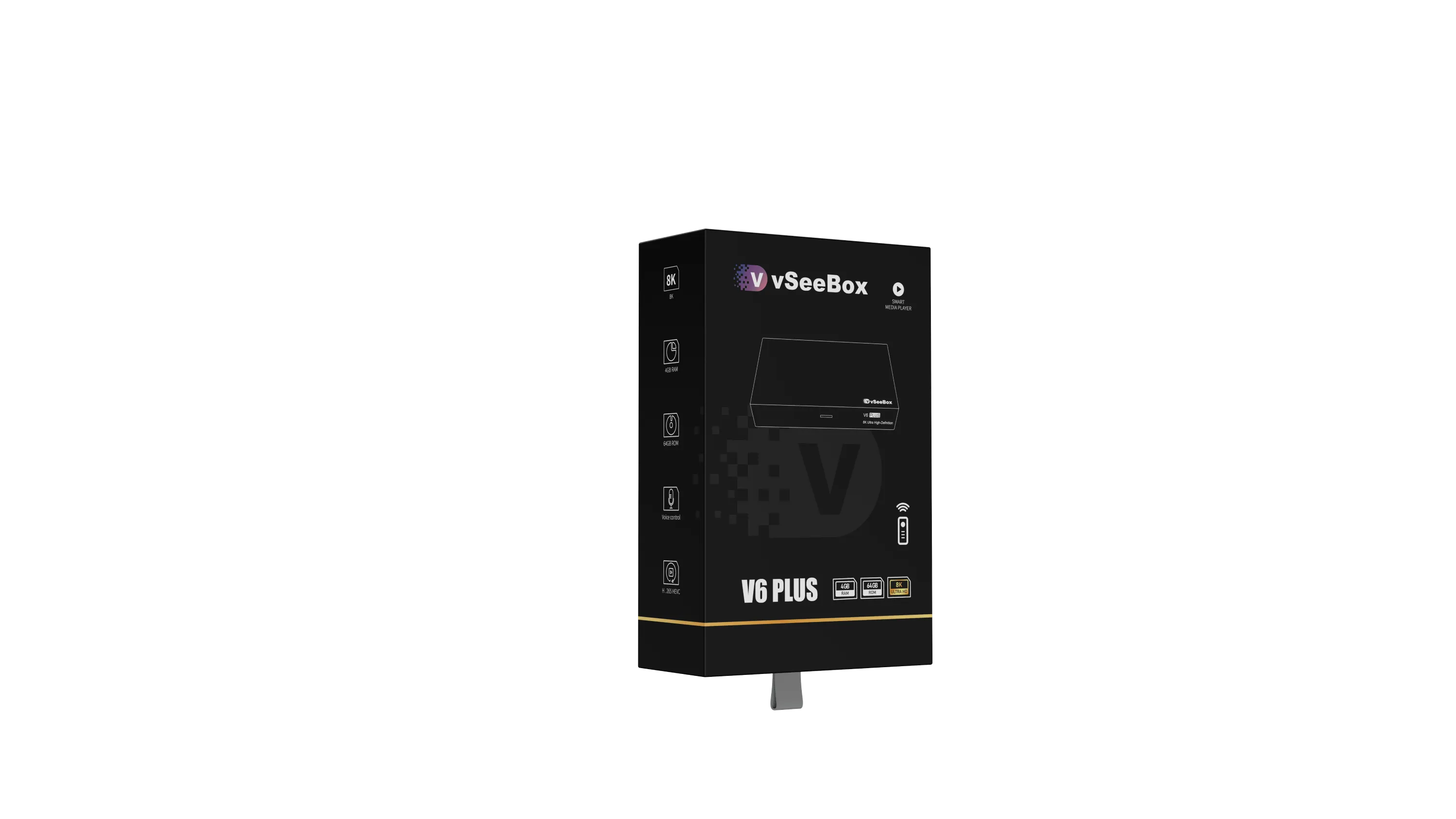 vSeeBox V6 Plus retail packaging front view showing product branding and key features