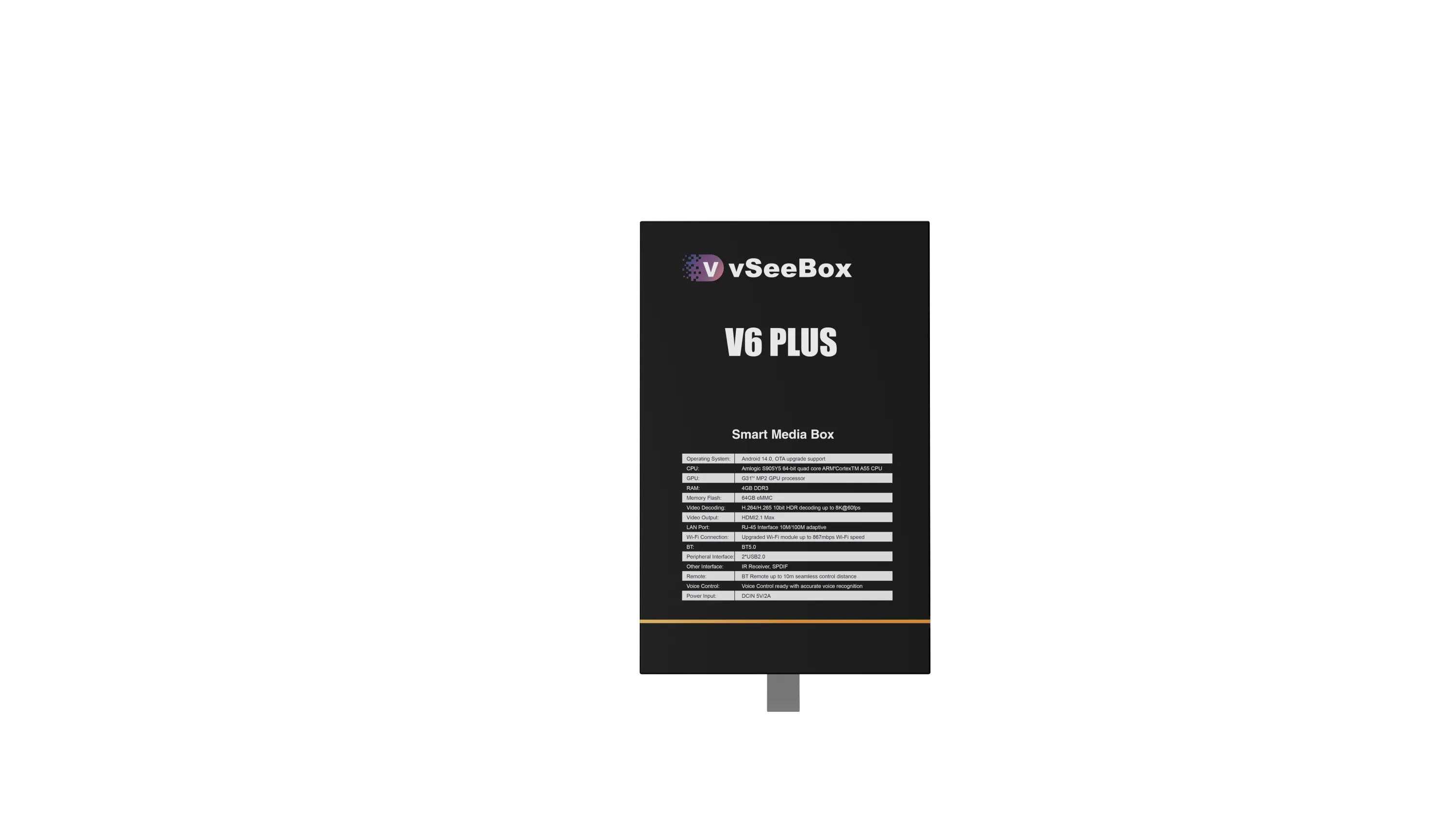 vSeeBox V6 Plus packaging back showing detailed specifications and features