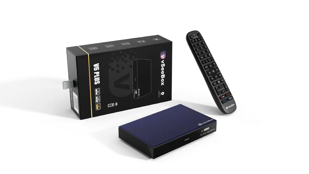 vSeeBox V6 Plus with remote and box displayed together in product showcase