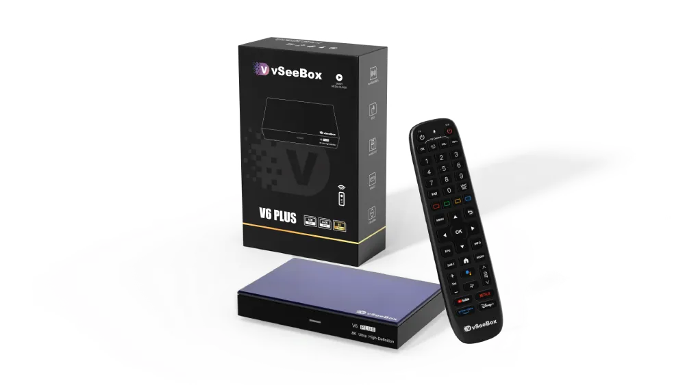 vSeeBox V6 Plus device and remote with packaging in clean studio setup