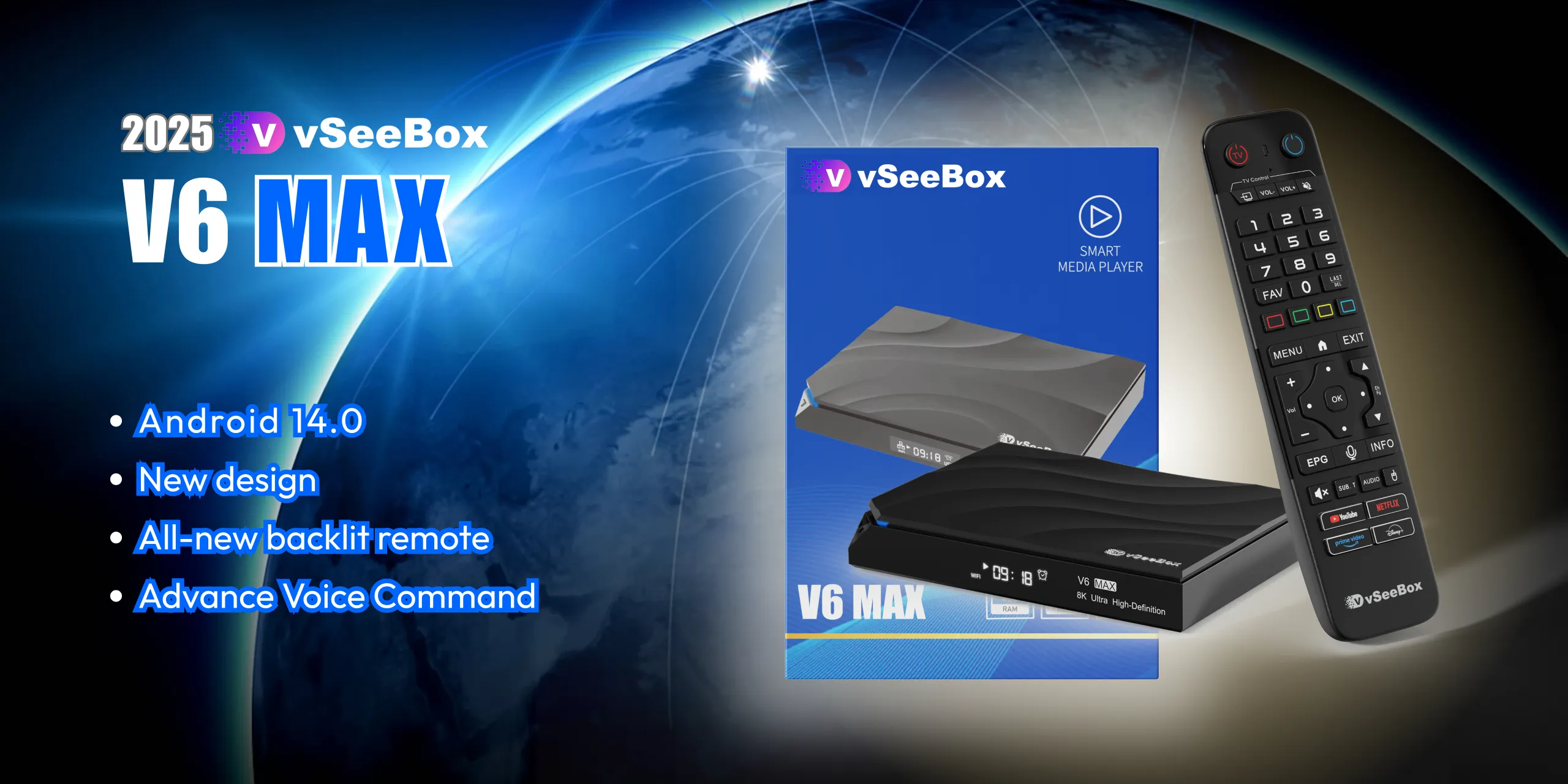 vSeeBox V6 Max with Android 14, new design, backlit remote, and voice control features