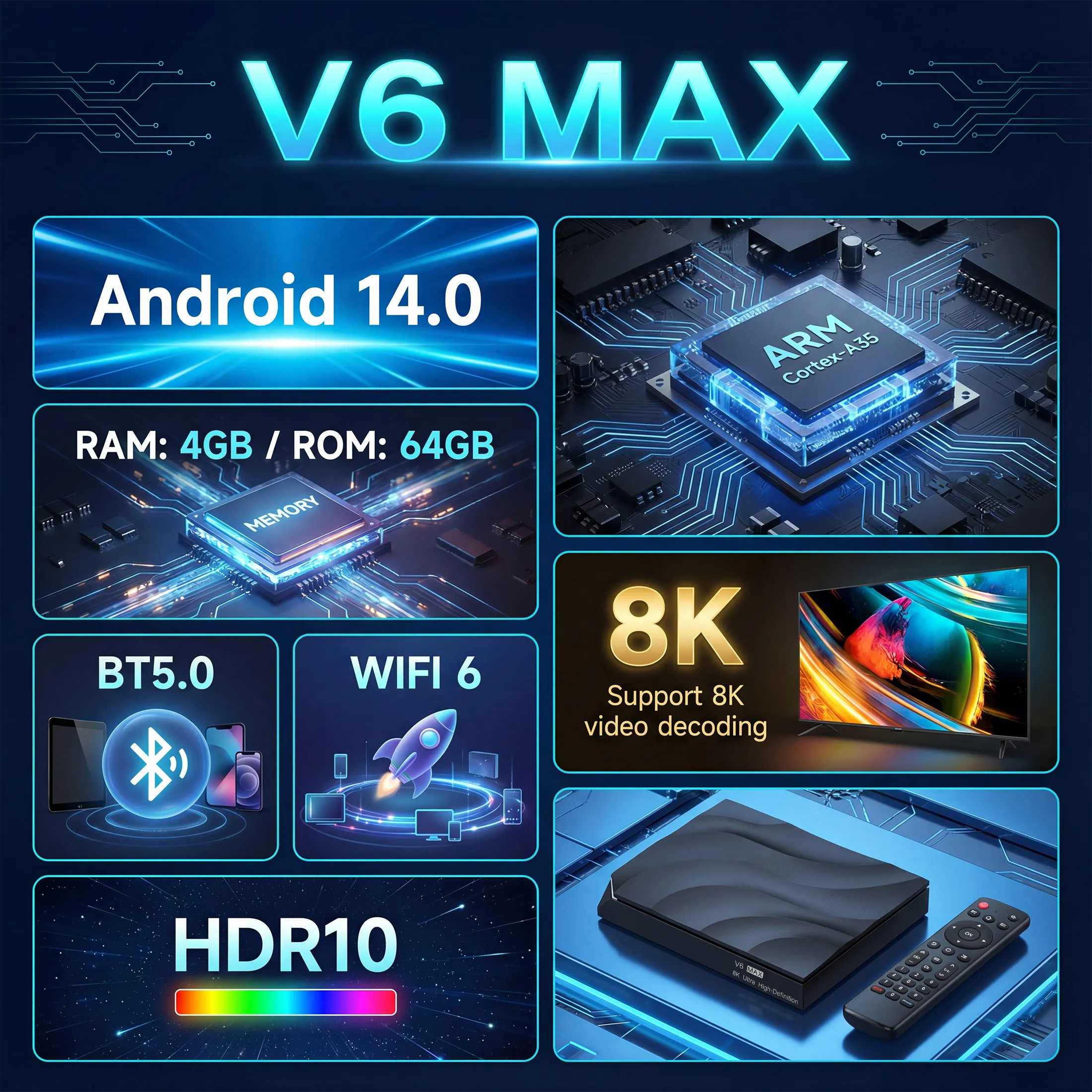 vSeeBox V6 Max specs showing Android 14, 4GB RAM, 64GB storage, WiFi 6, Bluetooth 5.0, HDR10, and 8K support