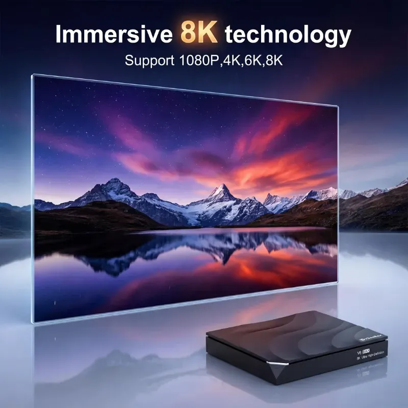 vSeeBox V6 Max displaying immersive 8K video with support for 1080P, 4K, 6K, and 8K resolutions