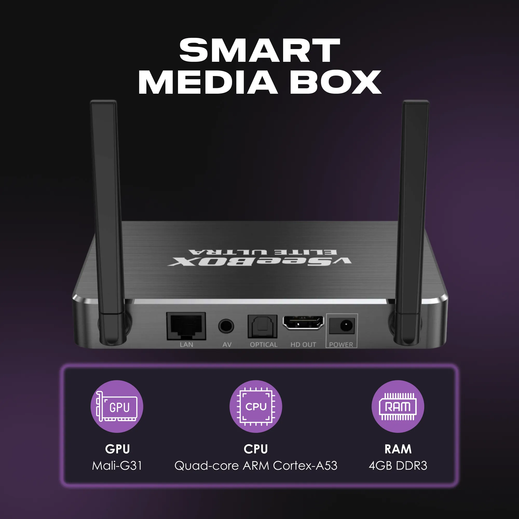 vSeeBox Elite Ultra smart media box with quad-core CPU, Mali-G31 GPU, and 4GB RAM