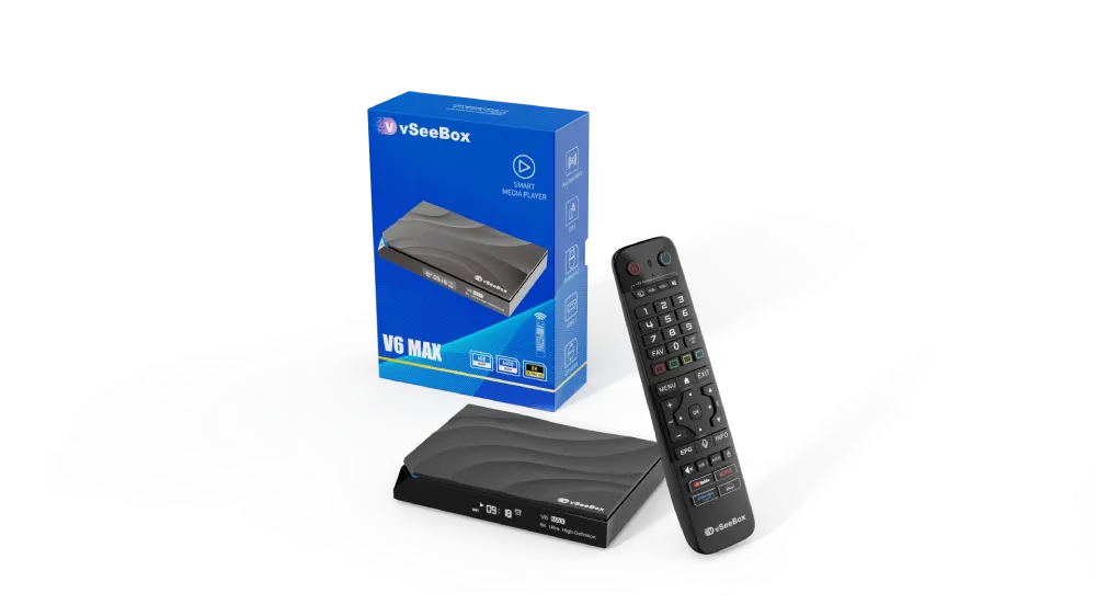 vSeeBox V6 Max streaming device with retail box and remote control