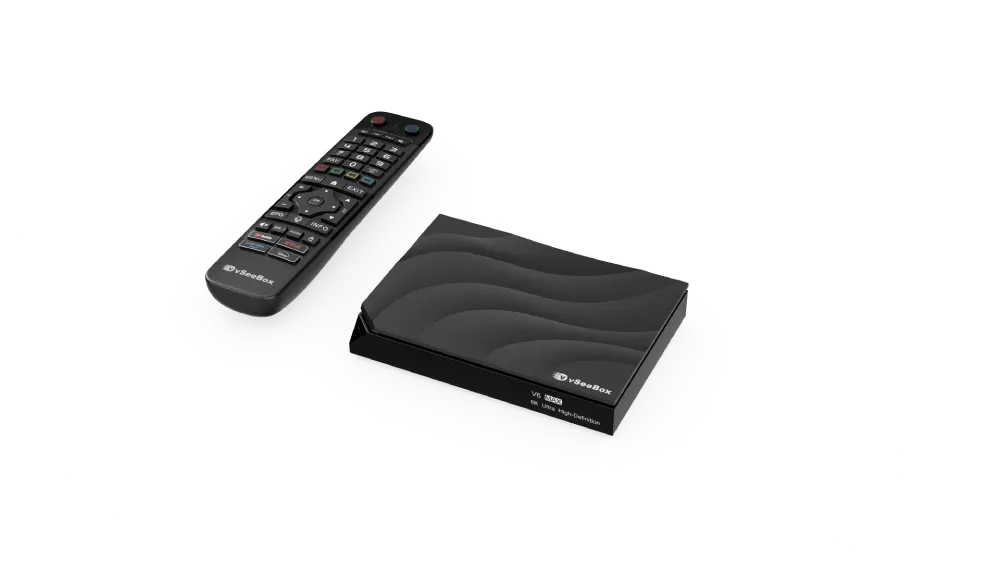 vSeeBox V6 Max streaming box with remote control on white background