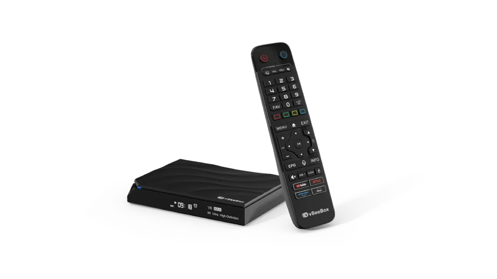 vSeeBox V6 Max streaming device with remote control on display