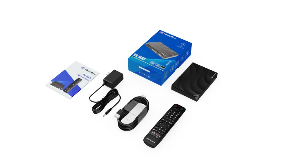 vSeeBox V6 Max complete package with device, remote, cables, power adapter, and manual