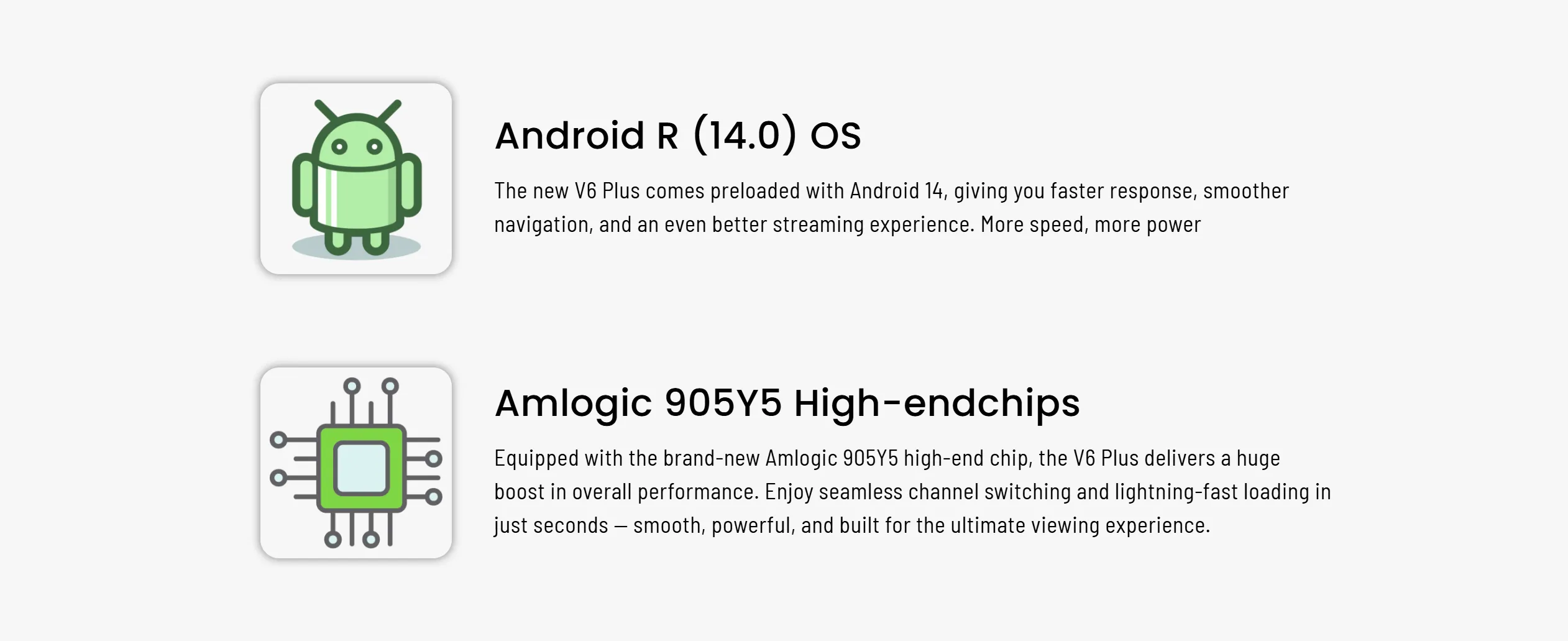 vSeeBox V6 Plus Android 14 OS and Amlogic 905Y5 chipset features