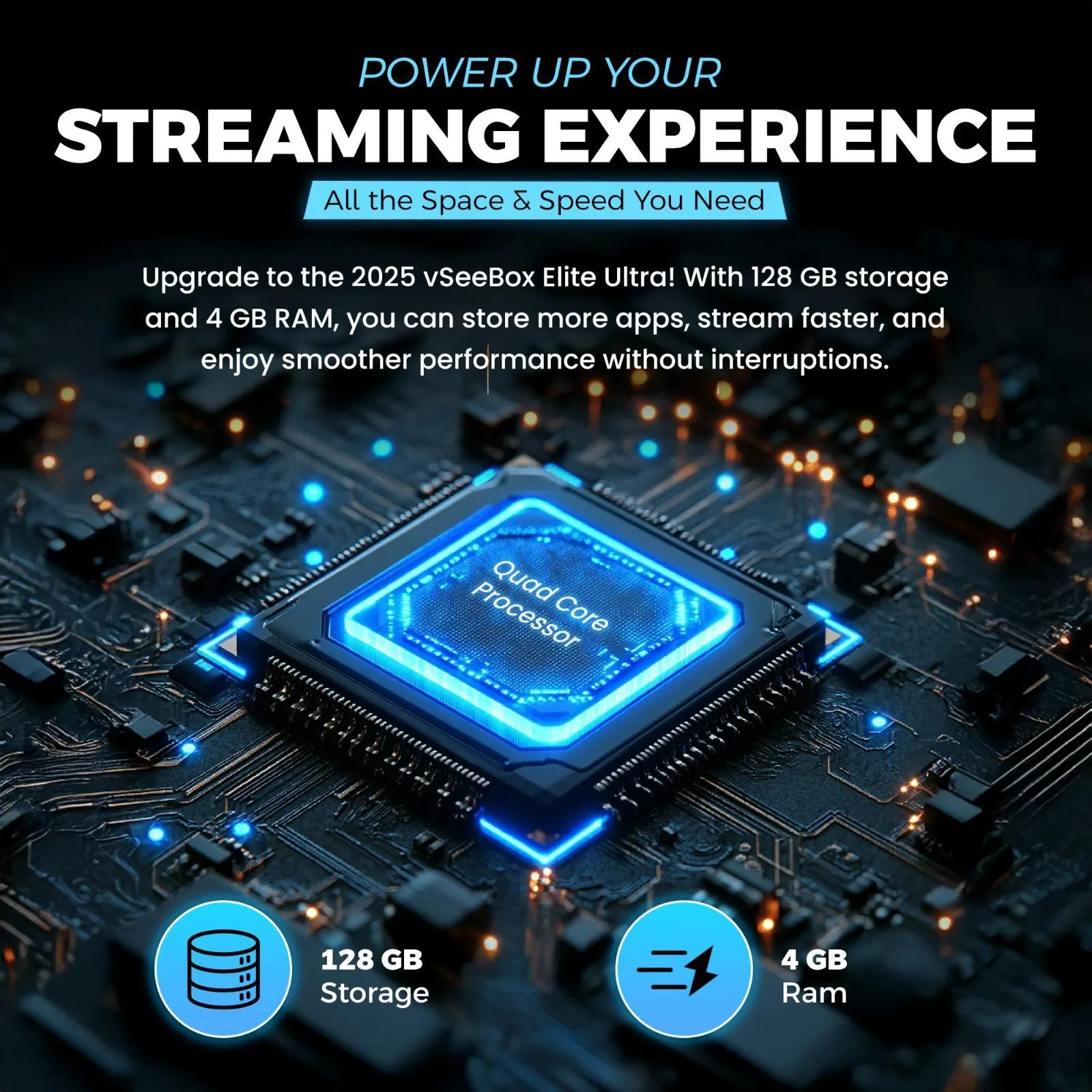 vSeeBox Elite Ultra quad-core processor with 128GB storage and 4GB RAM for fast streaming