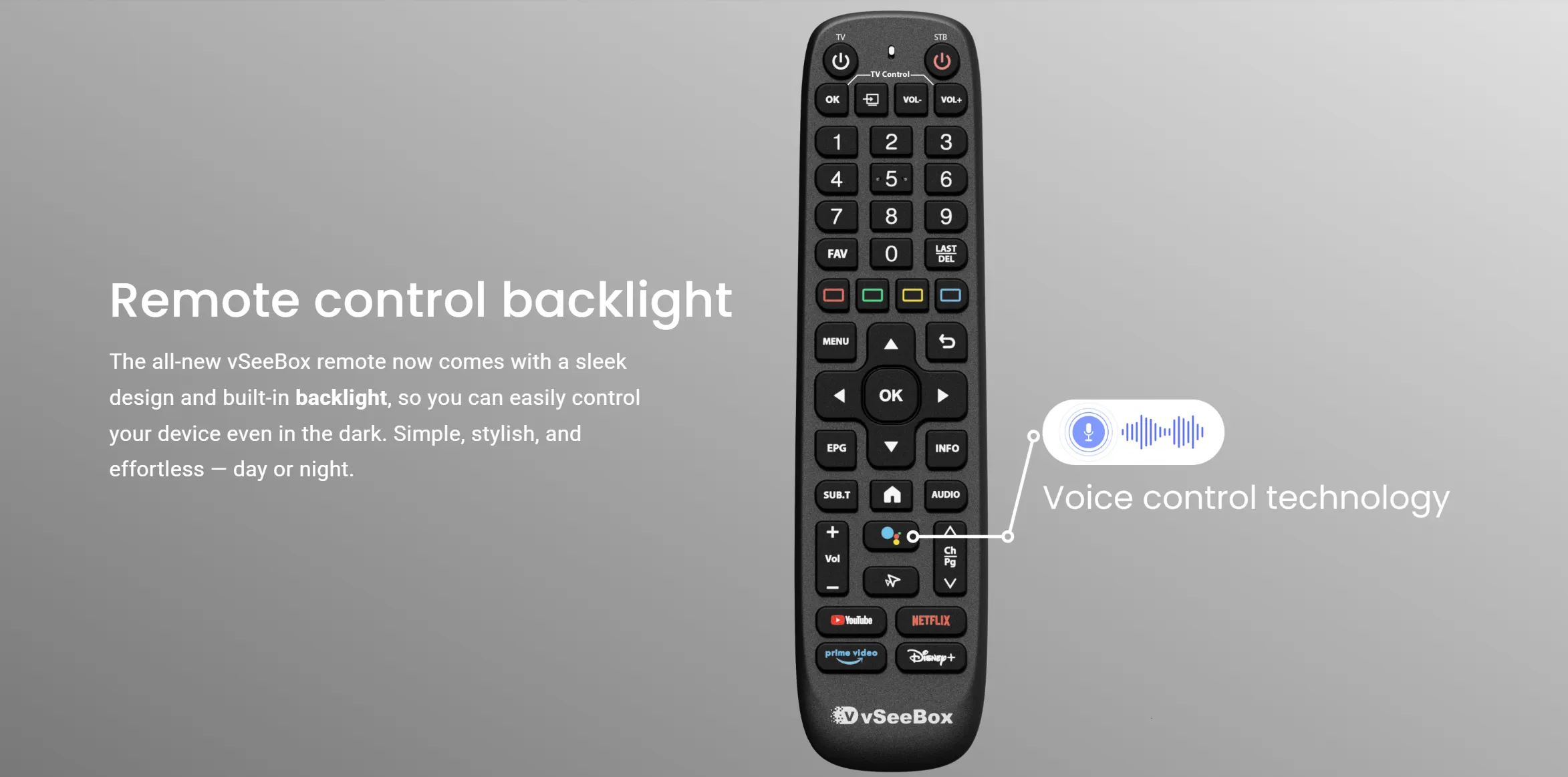 vSeeBox remote control with backlight and voice control functionality