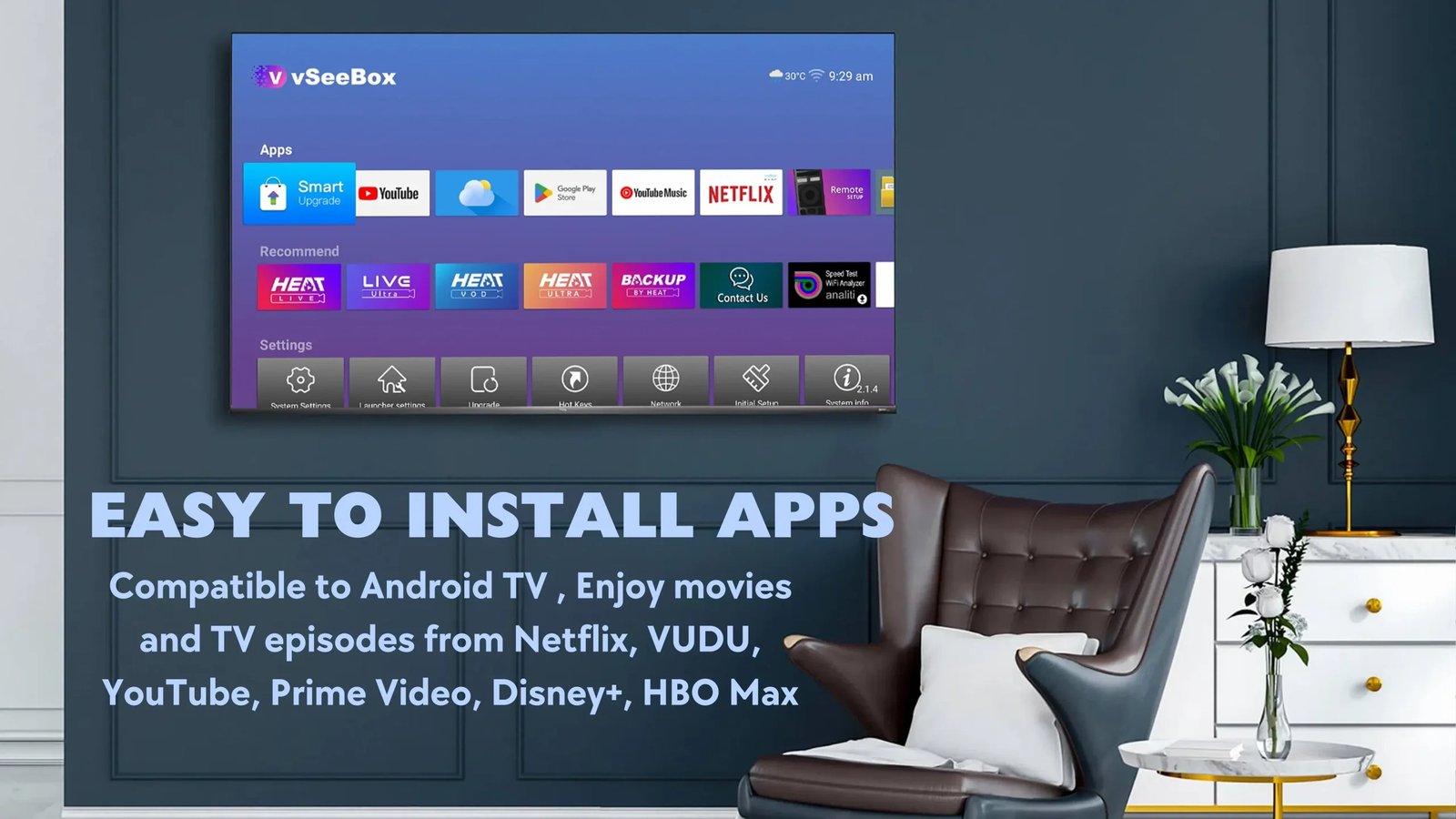 vSeeBox interface showing easy app installation with Netflix, YouTube, and streaming apps