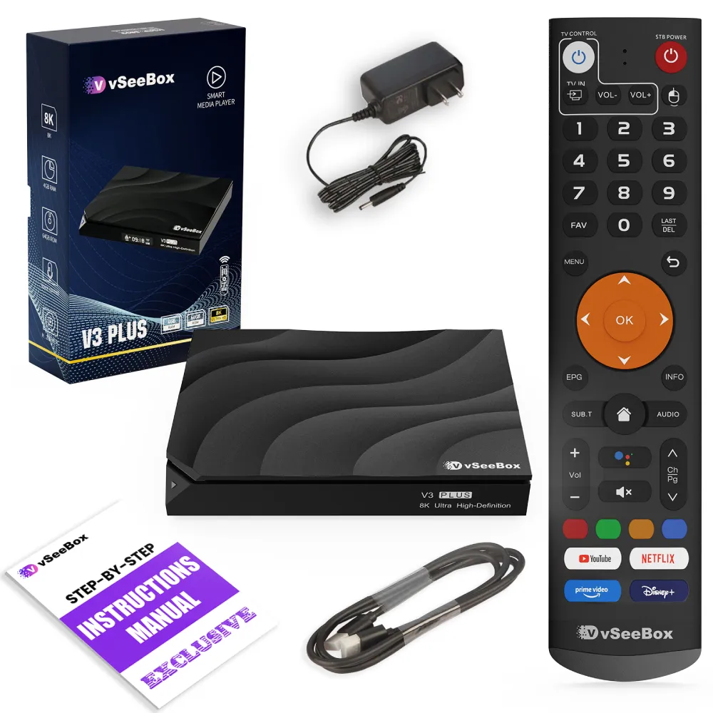 vSeeBox V3 Plus package contents including device, remote, power adapter, cable, and manual