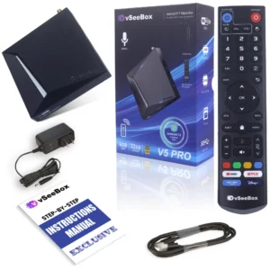 vSeeBox V5 Pro streaming device kit with box, remote, power adapter, HDMI cable, and instruction manual