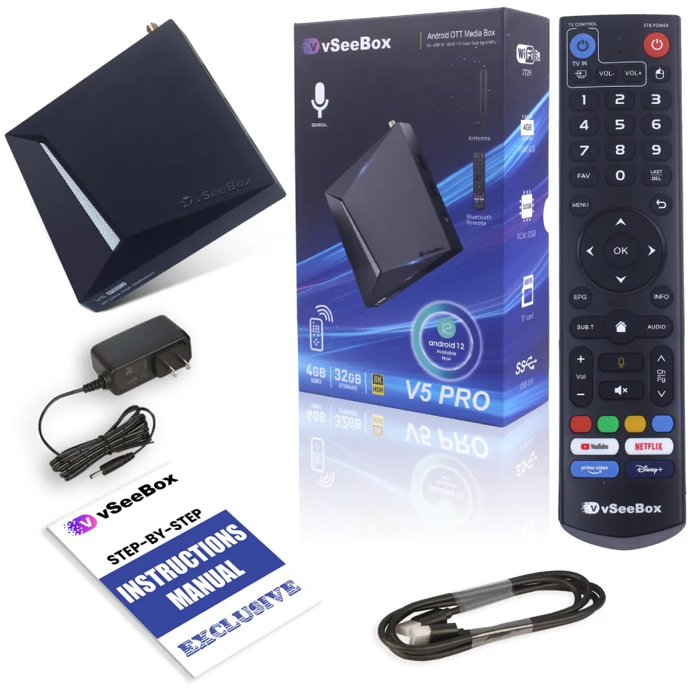 vSeeBox V5 Pro streaming device kit with box, remote, power adapter, HDMI cable, and instruction manual