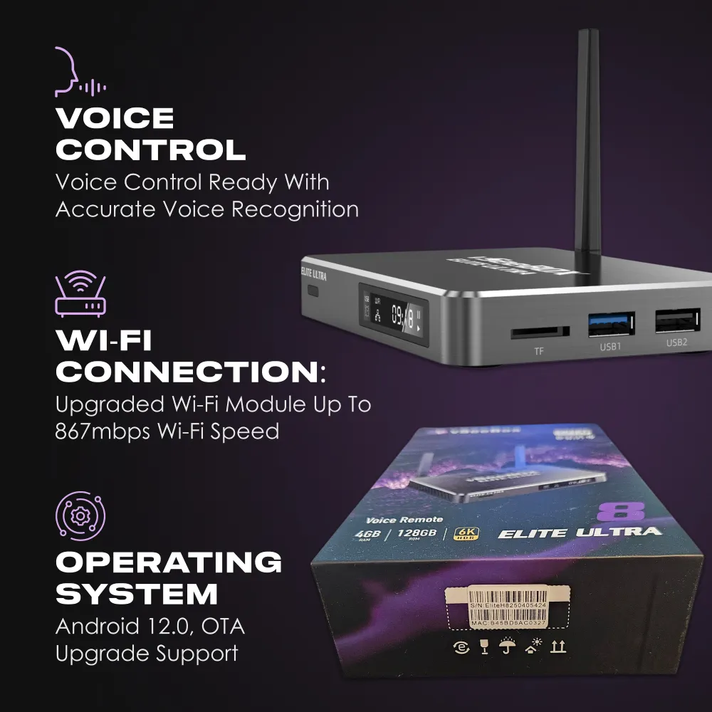 vSeeBox Elite Ultra features including voice control, WiFi speed, and Android 12 system