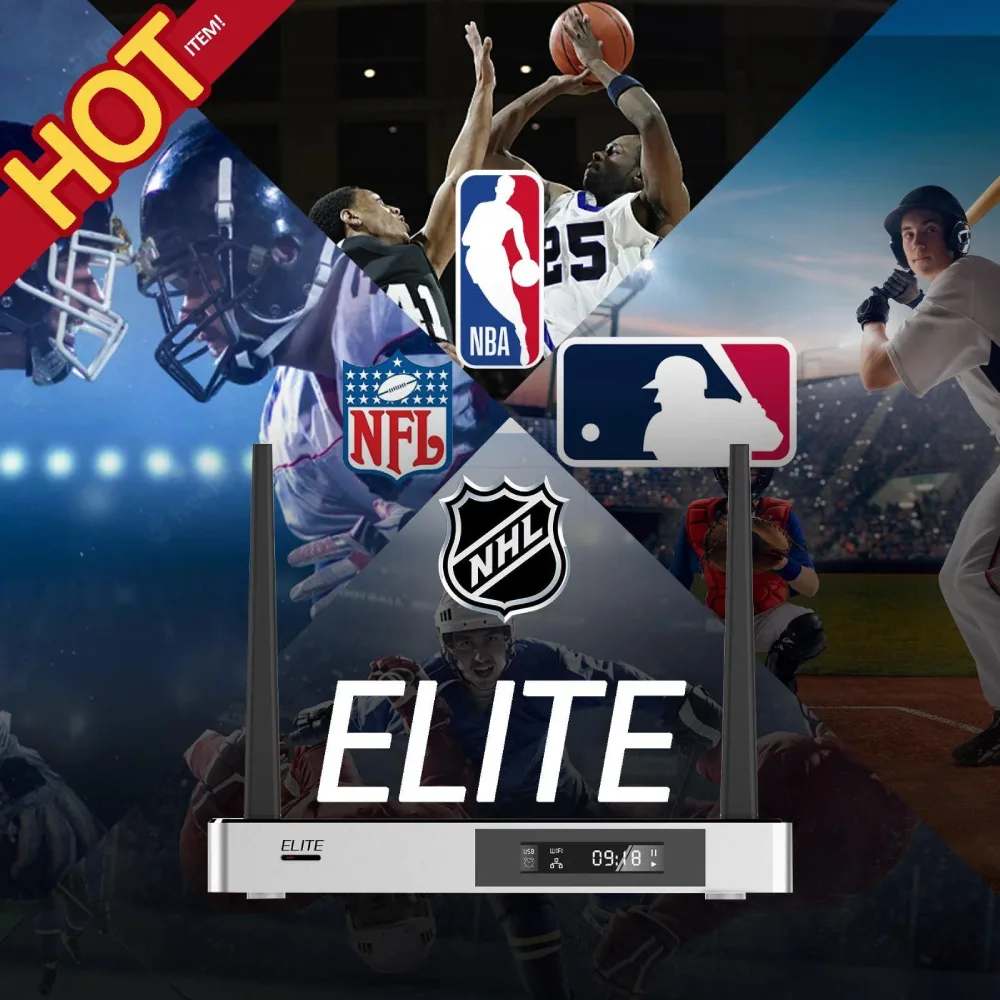 vSeeBox Elite streaming device promoting access to sports content including basketball, football, baseball, and hockey