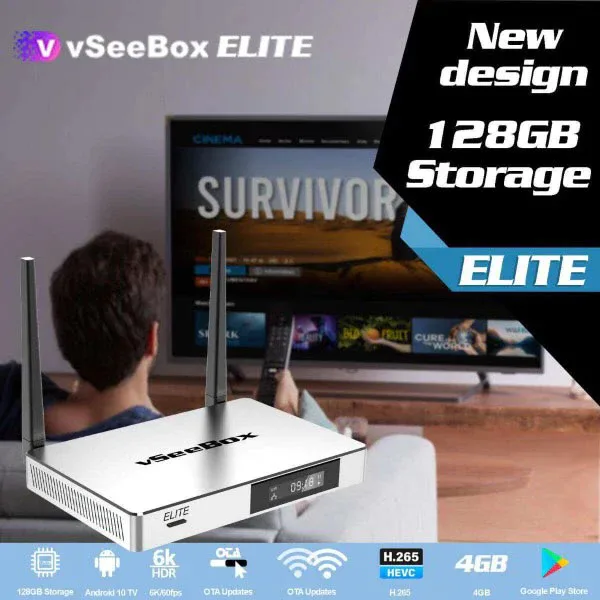vSeeBox Elite streaming device with 128GB storage highlighted in a home entertainment setup