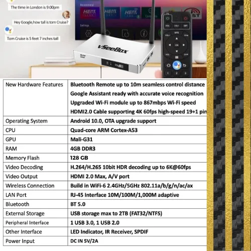 vSeeBox Elite specifications chart showing hardware features, system details, and connectivity options