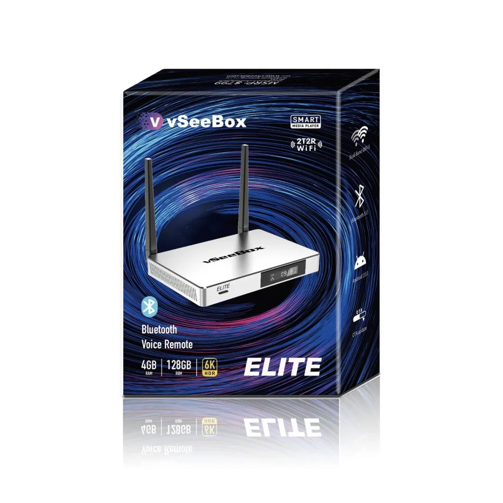 vSeeBox Elite retail packaging showing device with dual antennas and feature highlights