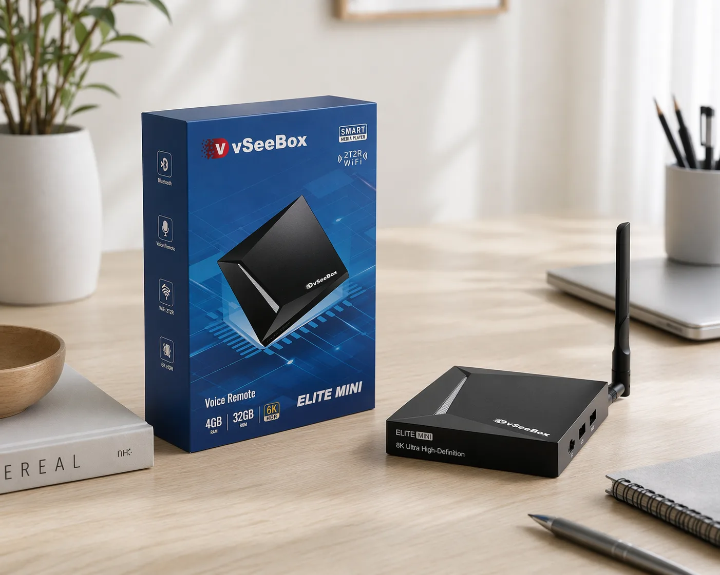 vSeeBox Elite Mini with packaging on a desk showing compact streaming device and box