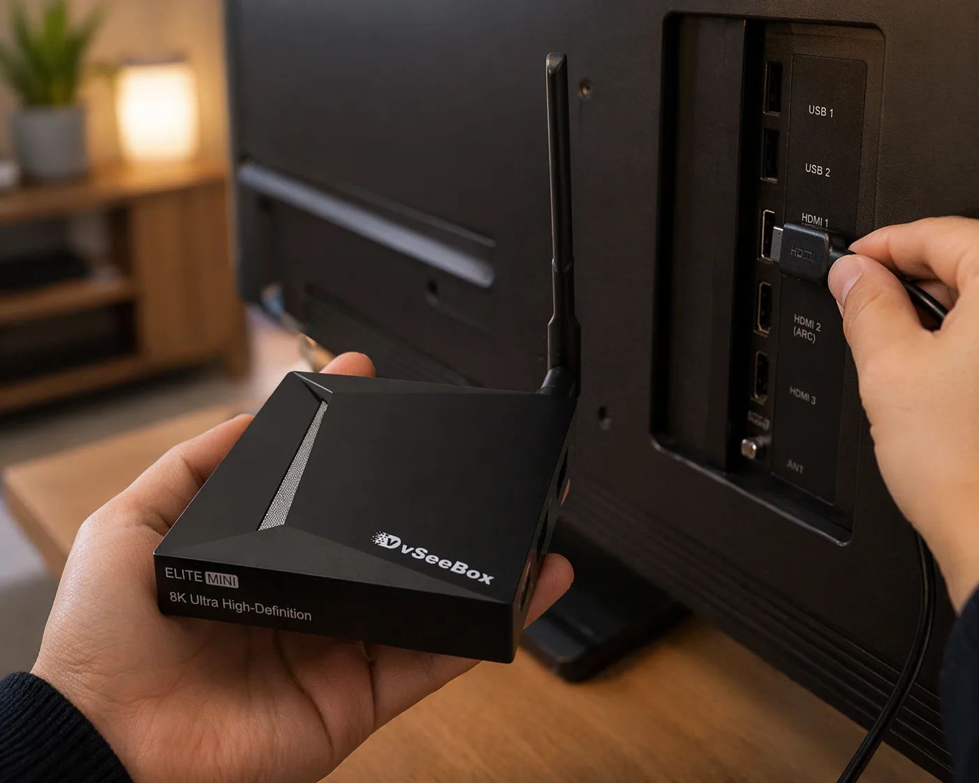 vSeeBox Elite Mini being connected to a TV via HDMI cable showing simple setup process