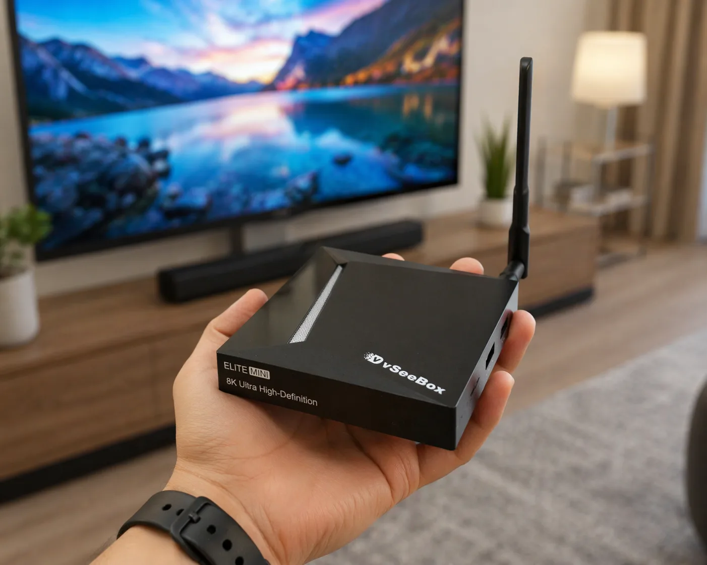 vSeeBox Elite Mini compact streaming device held in hand showing small size and portability