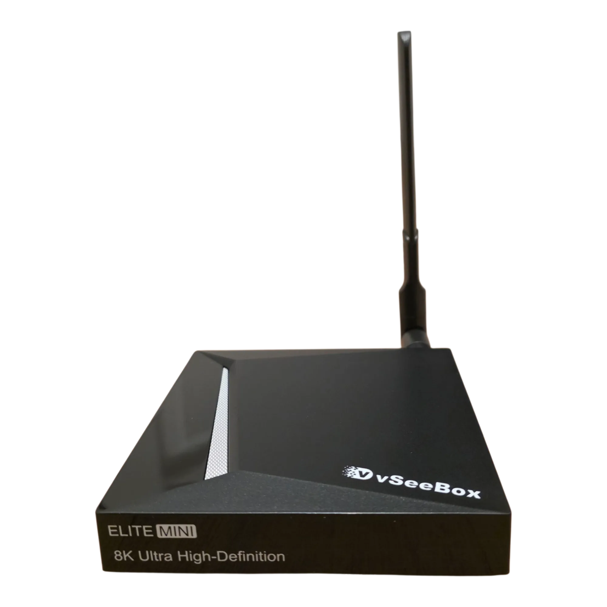 vSeeBox Elite Mini front view showing 8K Ultra HD branding and antenna
