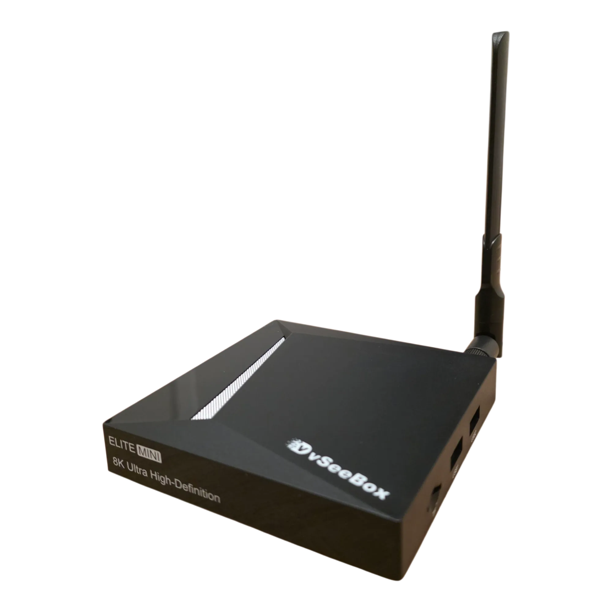vSeeBox Elite Mini streaming device isolated on black background with antenna visible