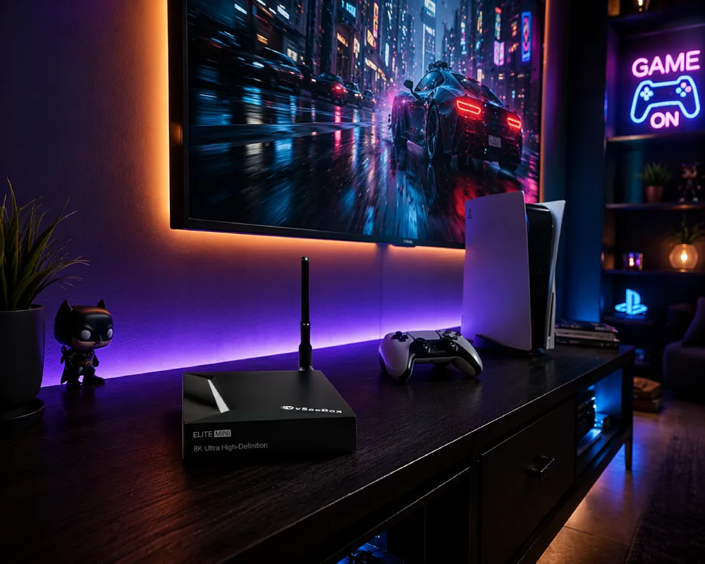 vSeeBox Elite Mini streaming device in a gaming setup with console and ambient lighting