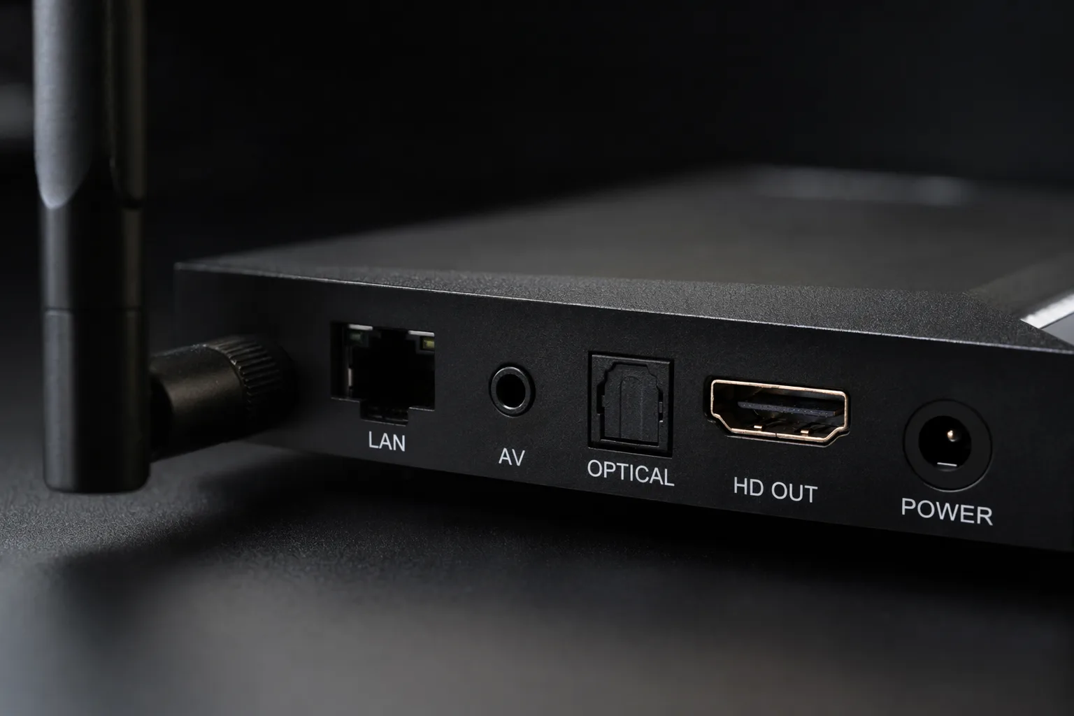 vSeeBox Elite Mini ports including LAN, AV, optical audio, HDMI, and power input