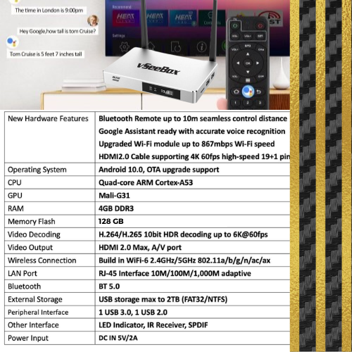 vSeeBox Elite specifications chart showing hardware features, system details, and connectivity options