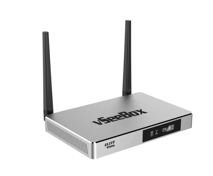 vSeeBox Elite streaming device with dual antennas and front display panel