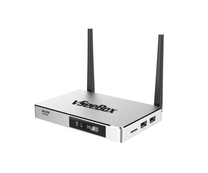 vSeeBox Elite front angle showing dual antennas and LED display panel