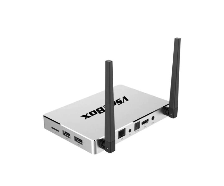 vSeeBox Elite rear view showing ports, dual antennas, and connectivity options