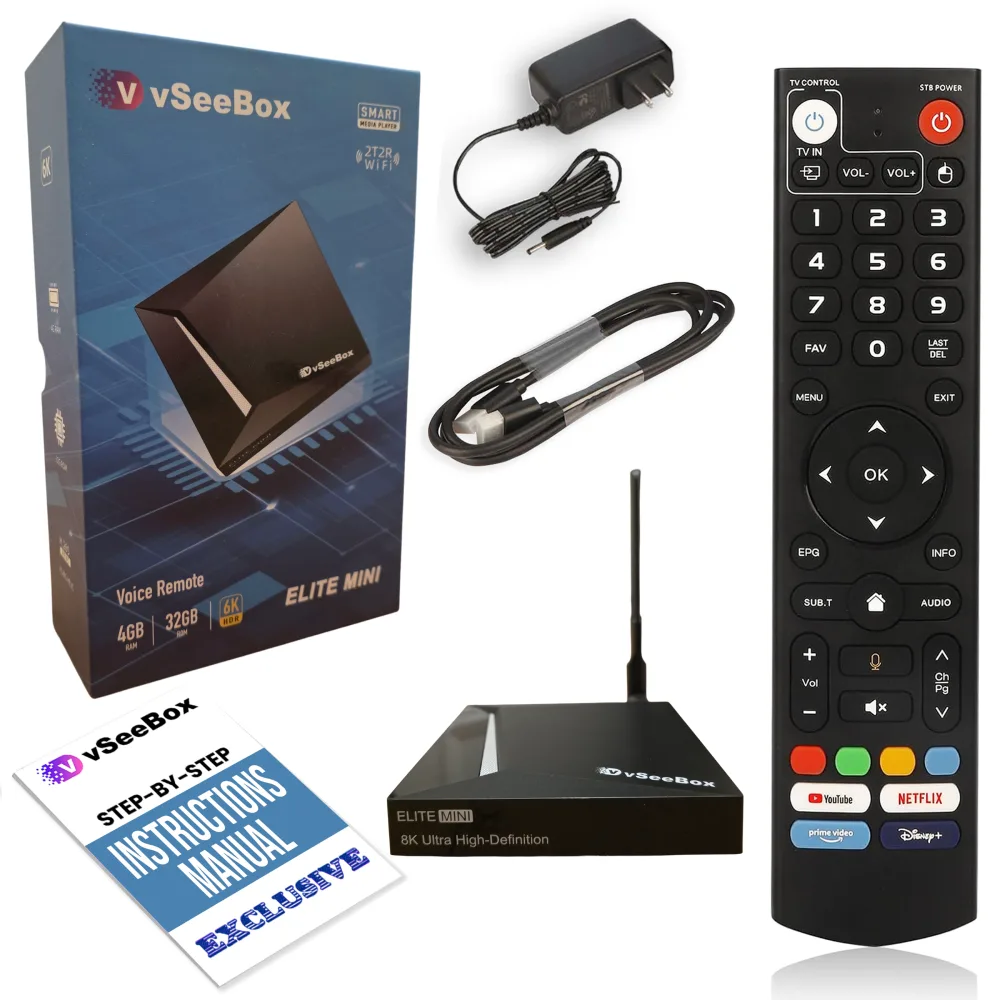 vSeeBox Elite Mini package contents including device, remote, HDMI cable, power adapter, and manual