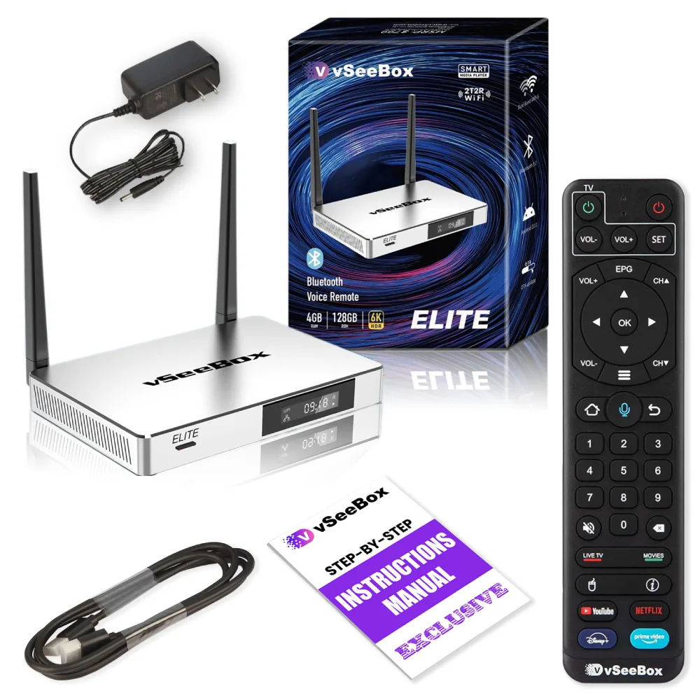 vSeeBox Elite package contents including streaming box, remote control, power adapter, HDMI cable, and instruction manual