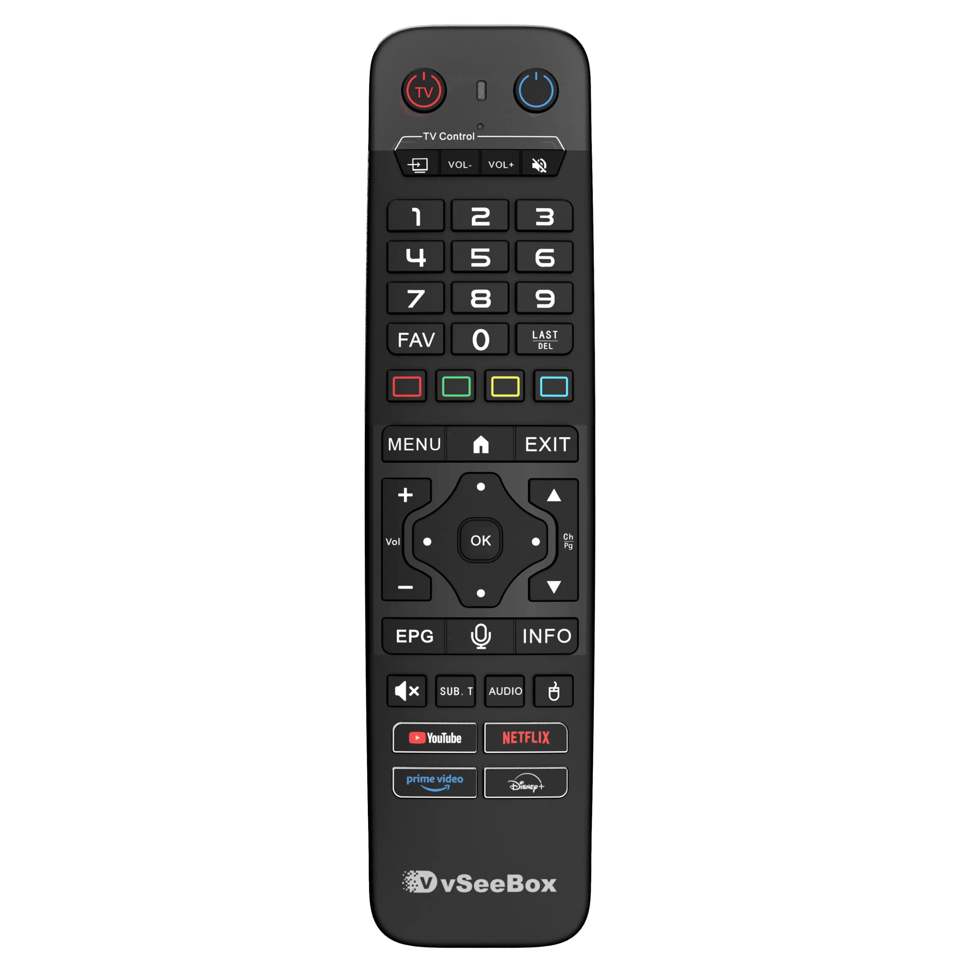 vSeeBox V6 Max remote control with voice command and shortcut buttons
