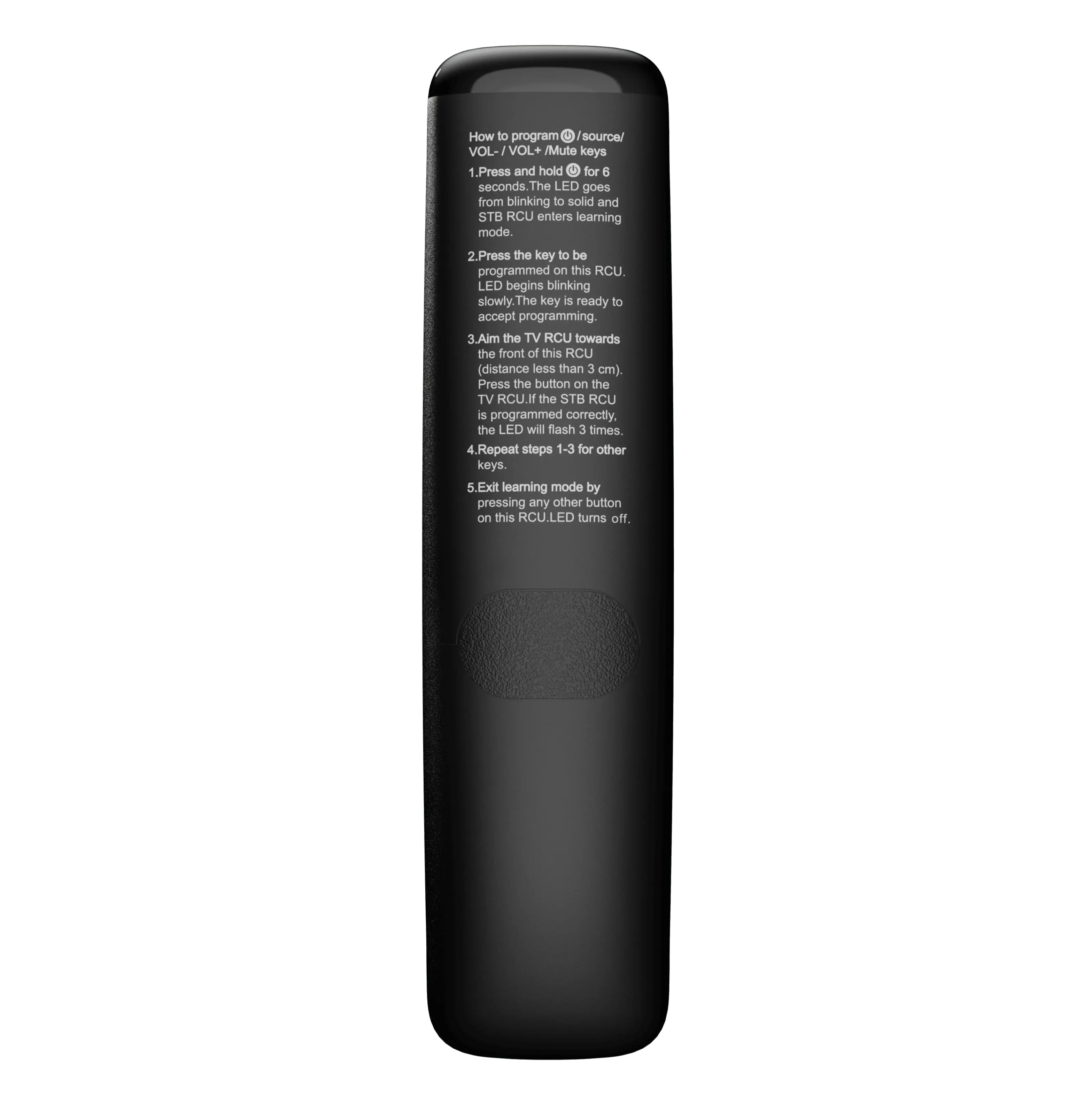 Back side of vSeeBox V6 Max remote showing programming instructions and ergonomic grip